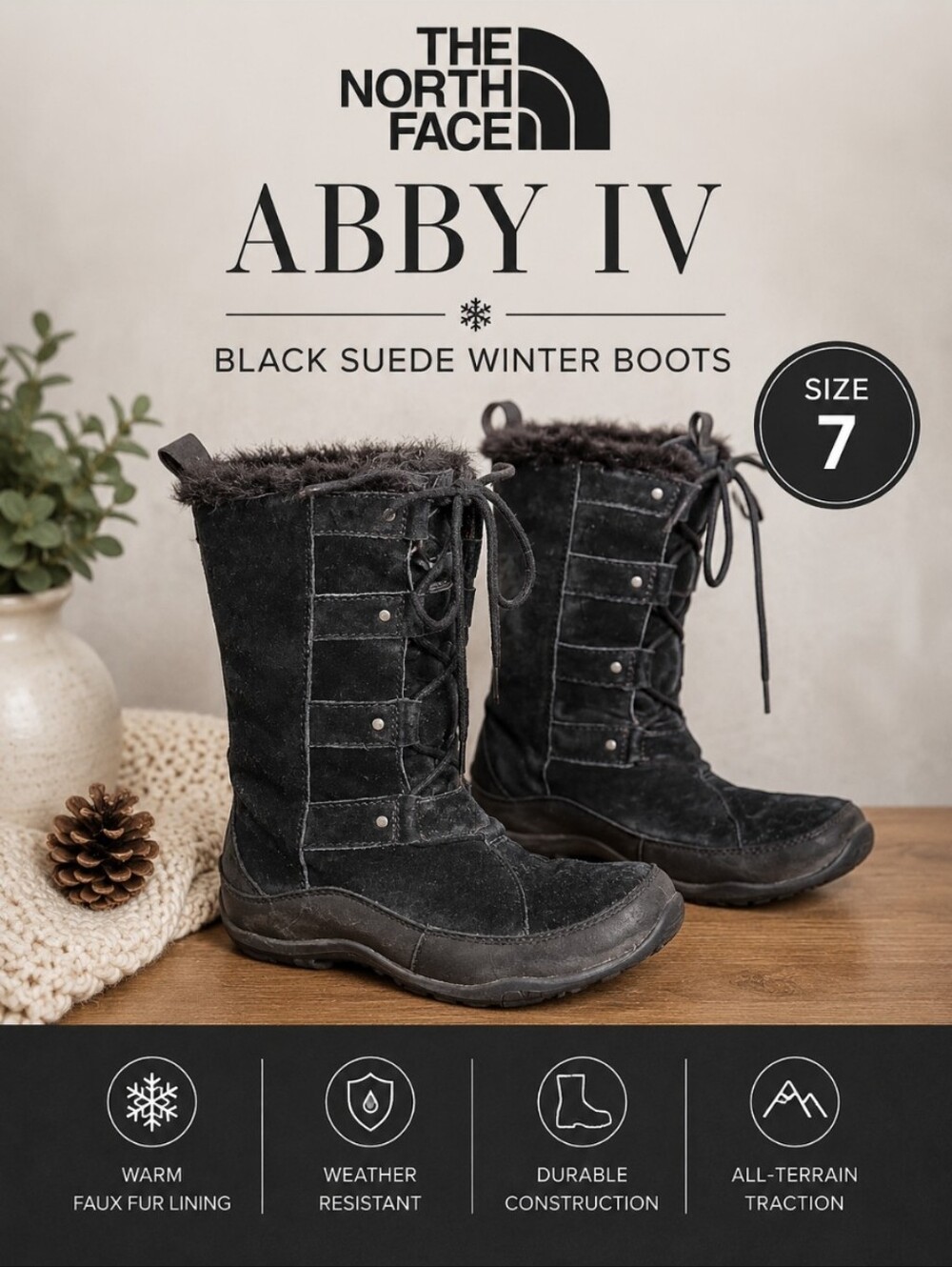 The North Face Abby IV Black Suede Winter Boots 7